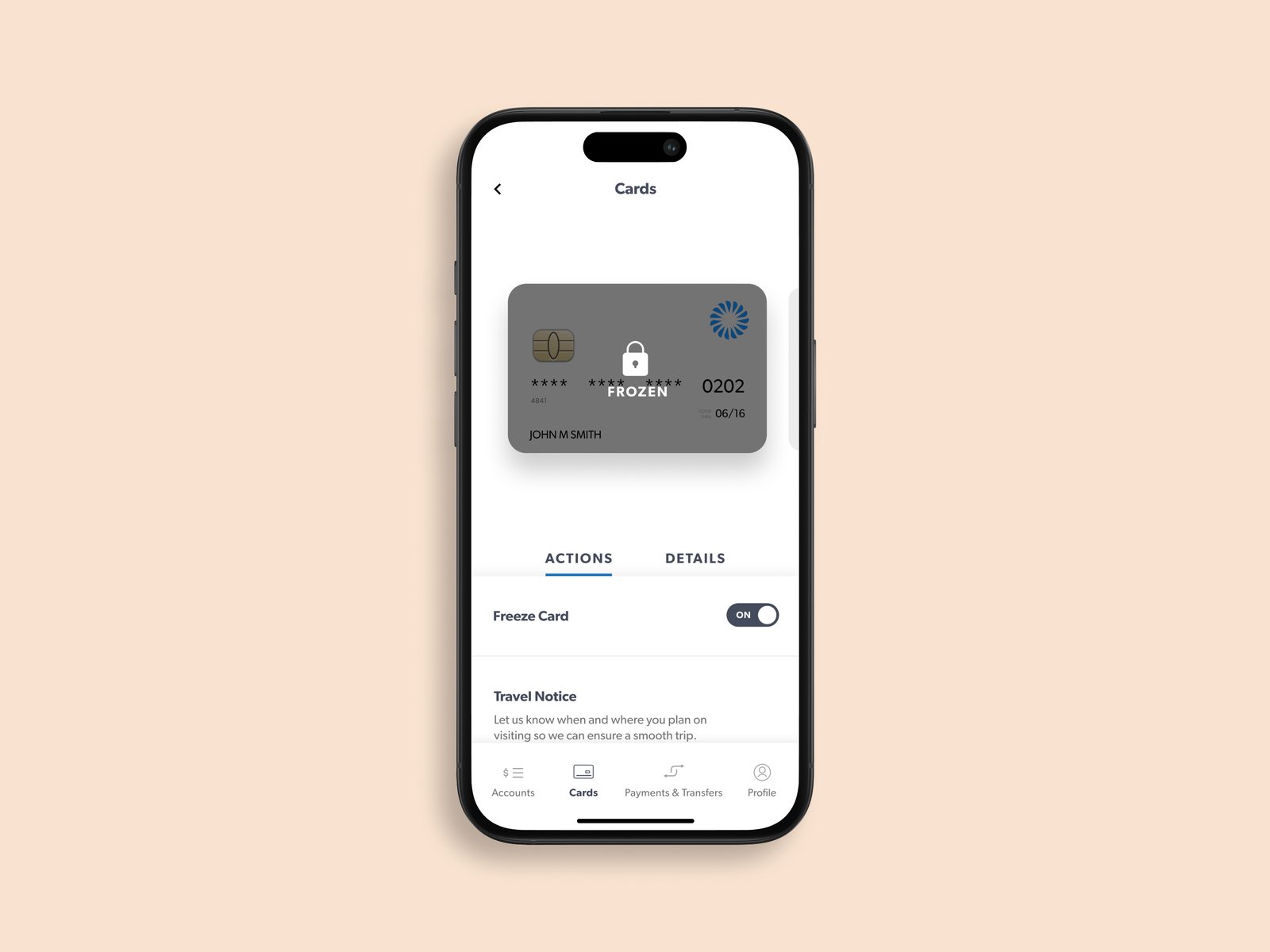 Card details and quick actions (mobile)